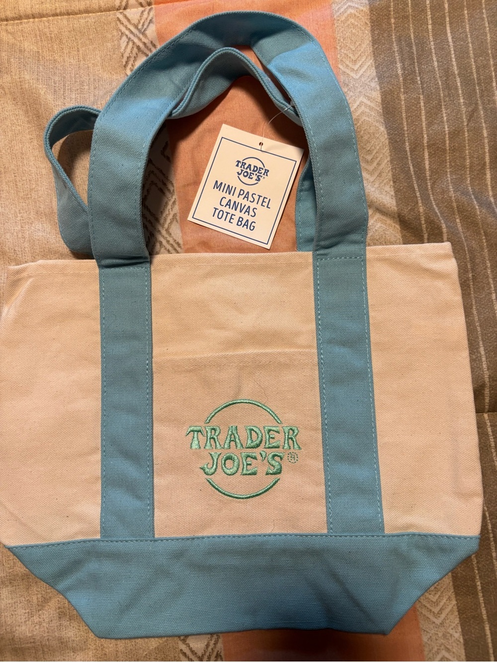 Trader Joe's Mini Pastel Canvas Tote Bag - Light Blue & Cream